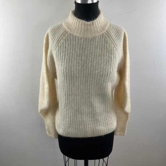 H&M Cream Mohair Wool Blend Ribbed Mock Neck Long Sleeve Fuzzy Sweater Size L - Picture 2 of 8